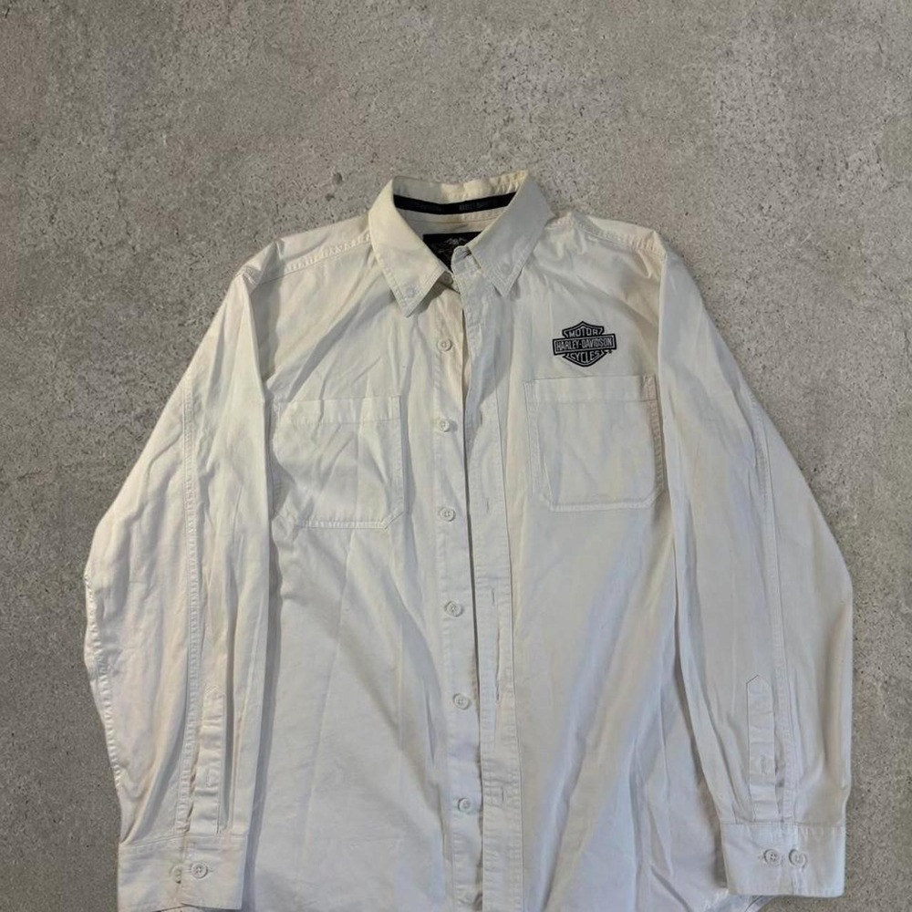 y2k harley davidson white button up logo shirt
